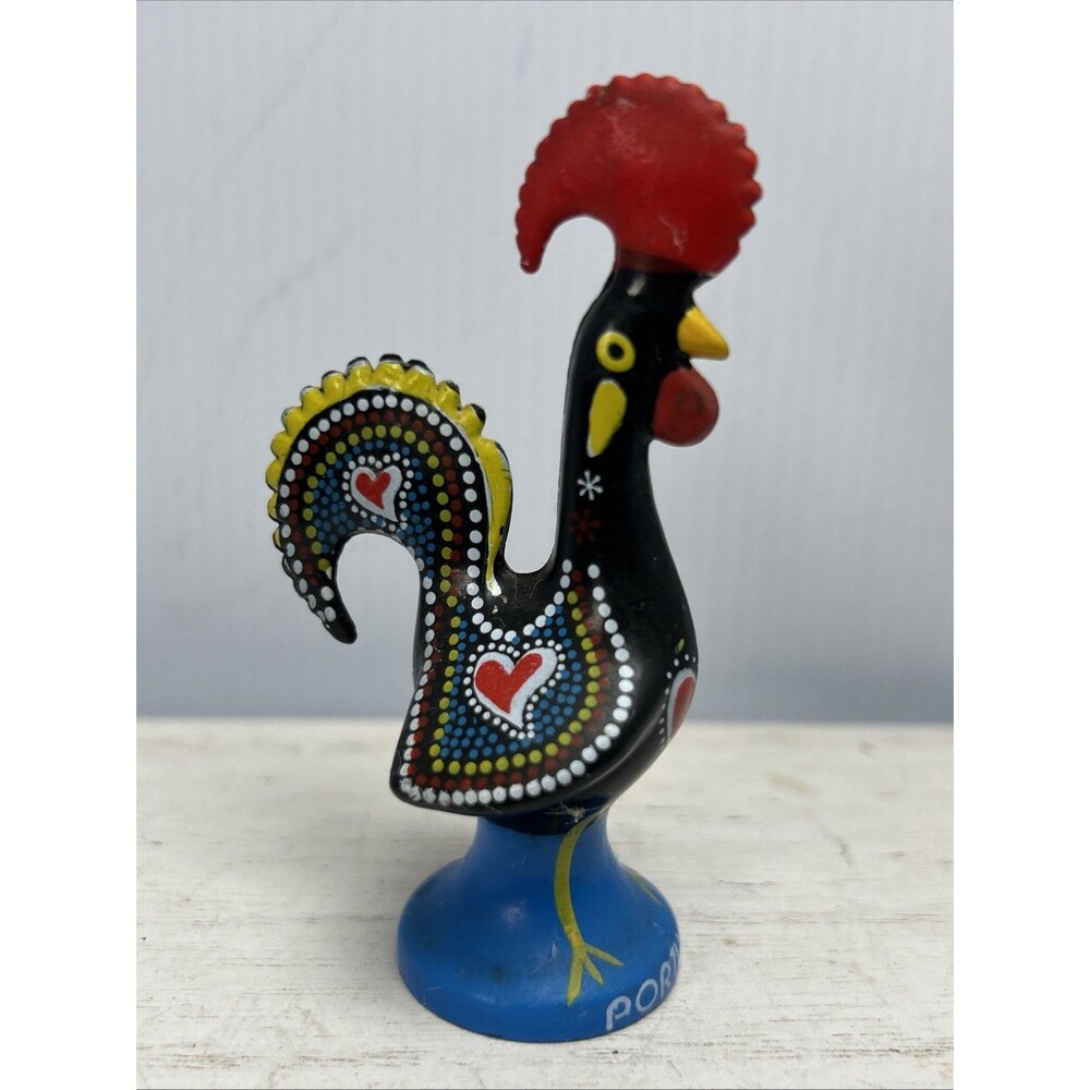 Barcelos Rooster Figurine Portuguese Souvenir Blue Red Hearts Iberian Peninsula